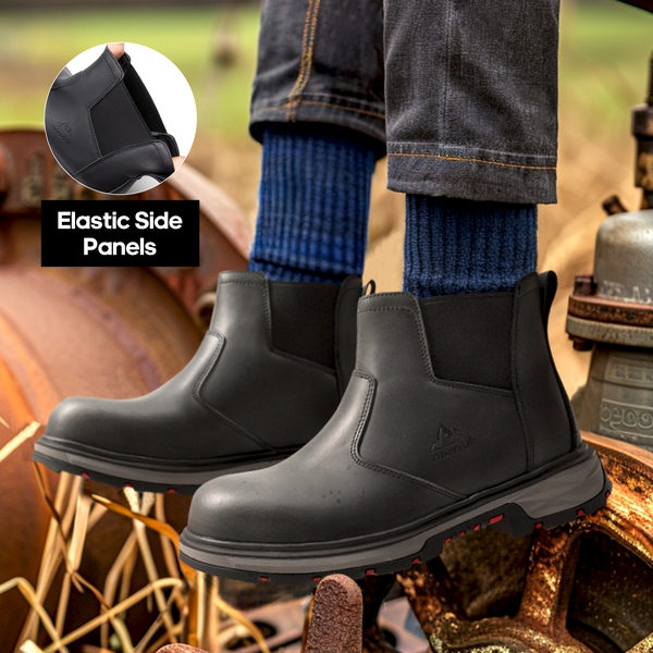 Men's Slip-On Steel Toe Chelsea Work Boots - BLACK - 5